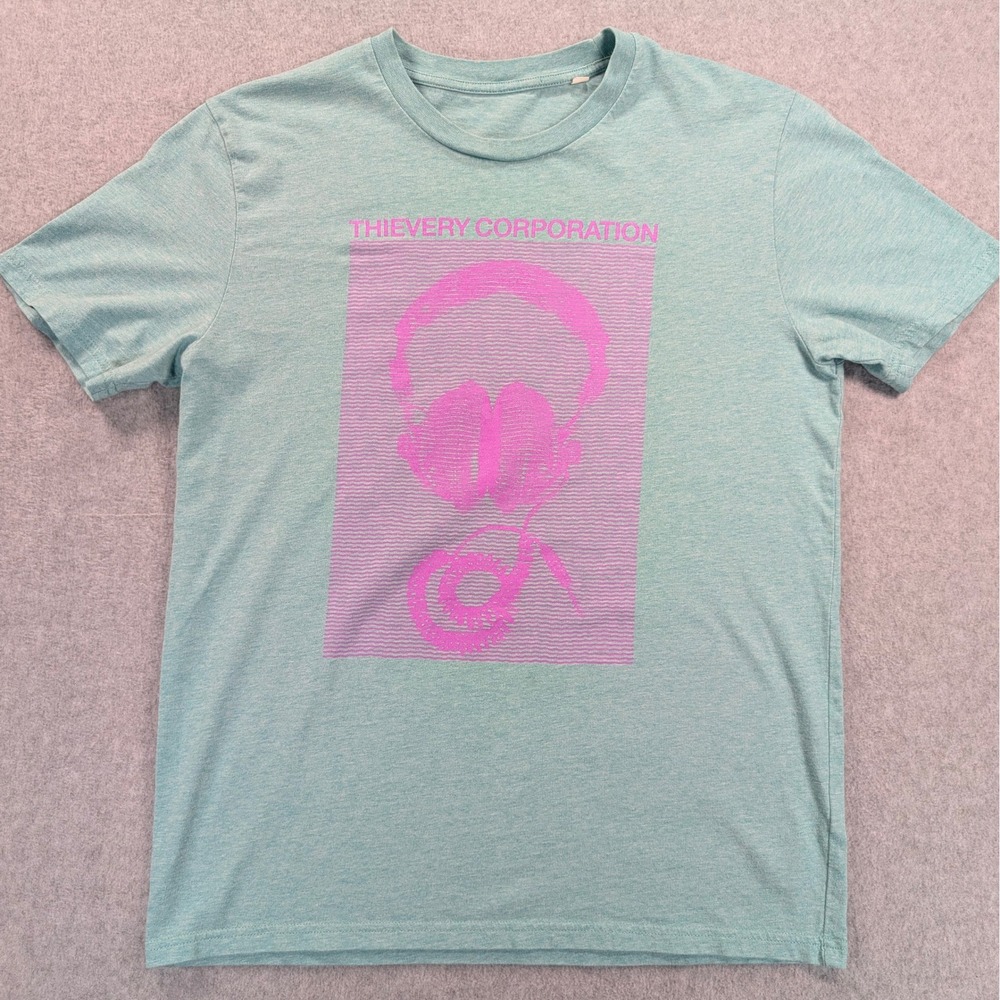 Thievery Corporation Band T-Shirt Teal Pink Headphones Tee Mens Small 20x26
